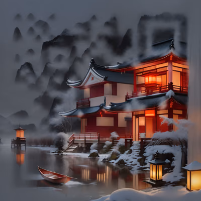 Snowy Chinese Lakeside Pavilion QR Code Art — image 1