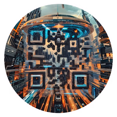 Flying Car Futuristic City QR Code for Stickers — image 1
