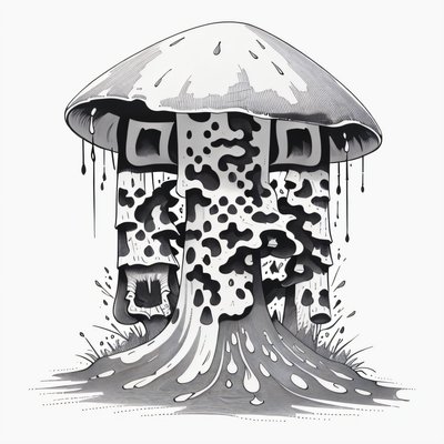 Гриб на пне, рисунок тушью: QR-код для временных татуировок