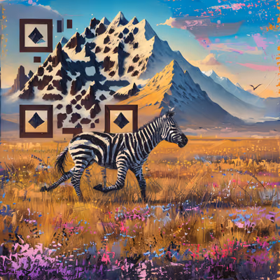 Running Zebra Mountain Meadow Painting QR Code Art — image 1