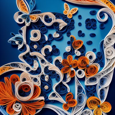 Orange Quilled Flowers and Butterflies QR Code Art