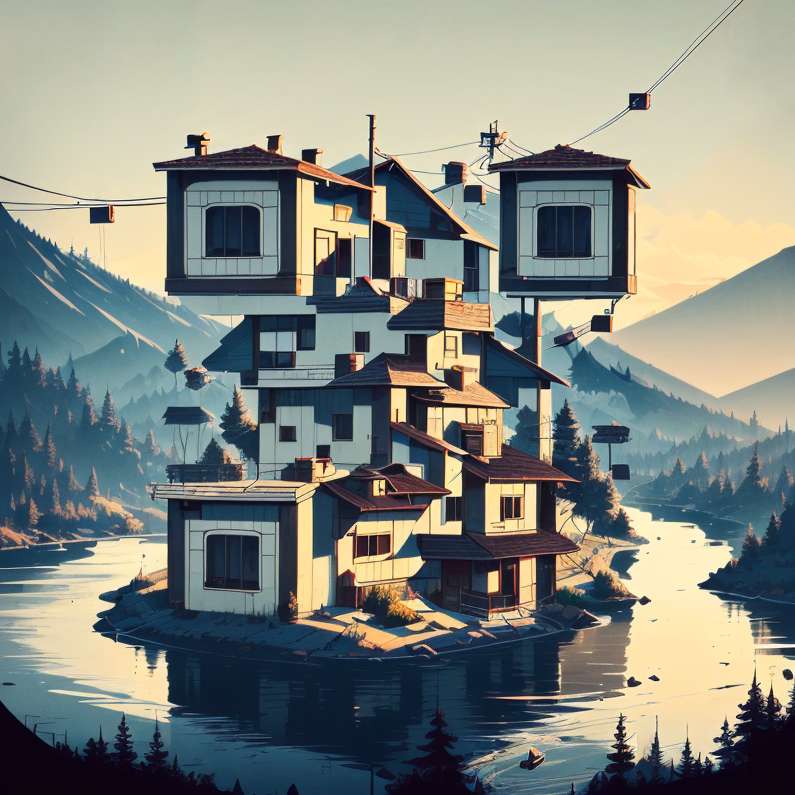 Stacked Houses River Valley Illustration QR Code Art — image 1