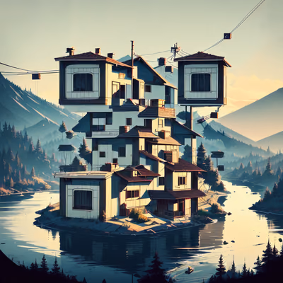 Stacked Houses River Valley Illustration QR Code Art — image 1