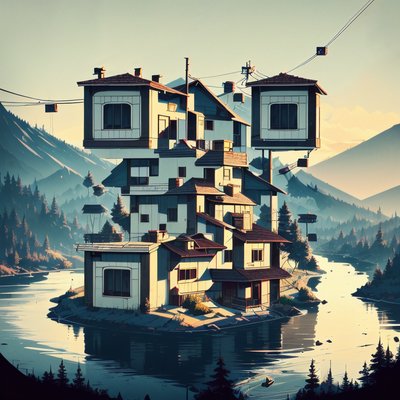 Stacked Houses River Valley Illustration QR Code Art