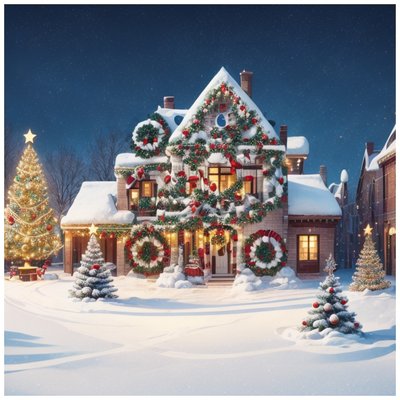 Snowy Christmas House Digital Painting Wreaths QR Code for Greeting Cards