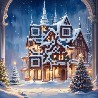 白雪圣诞小屋水彩二维码艺术,适用于贺卡