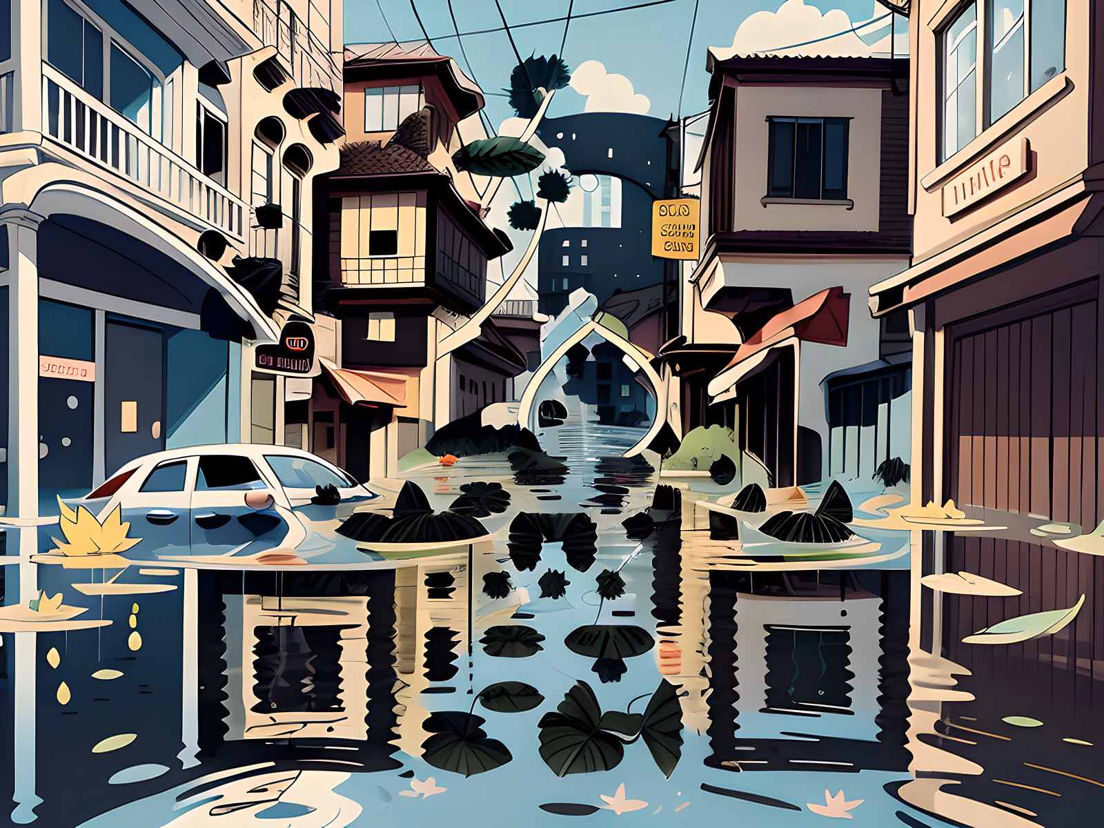 Flooded City Street Cartoon QR Code for Posters — image 1