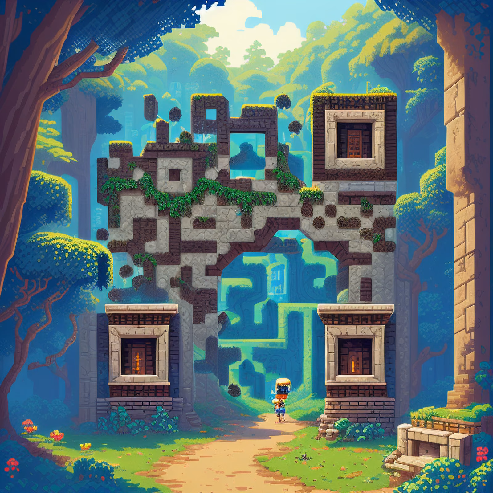 Pixel Art Jungle Temple Ruins QR Code Art — image 1