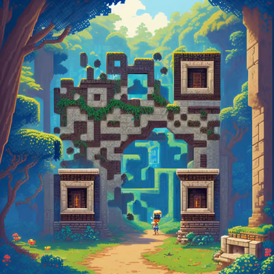 Pixel Art Jungle Temple Ruins QR Code Art — image 1