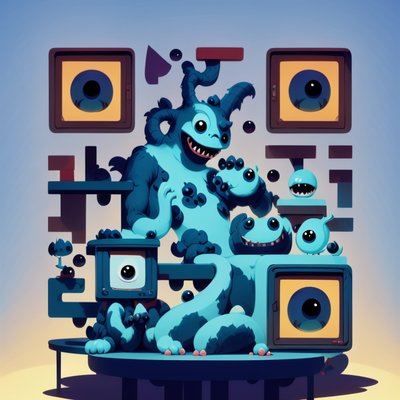 Милый синий монстр: QR-код в стиле концепт-арта для постеров