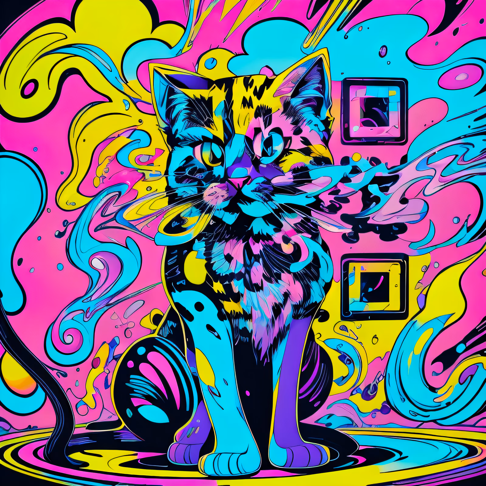 Psychedelic Neon Cat Cartoon QR Code for Posters — image 1