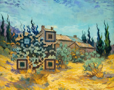Farmhouse and Cypress Oil Painting QR Code Art