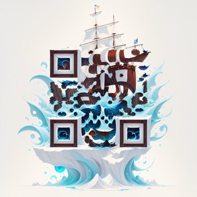 Парусный корабль в игровом стиле: QR-код для постеров