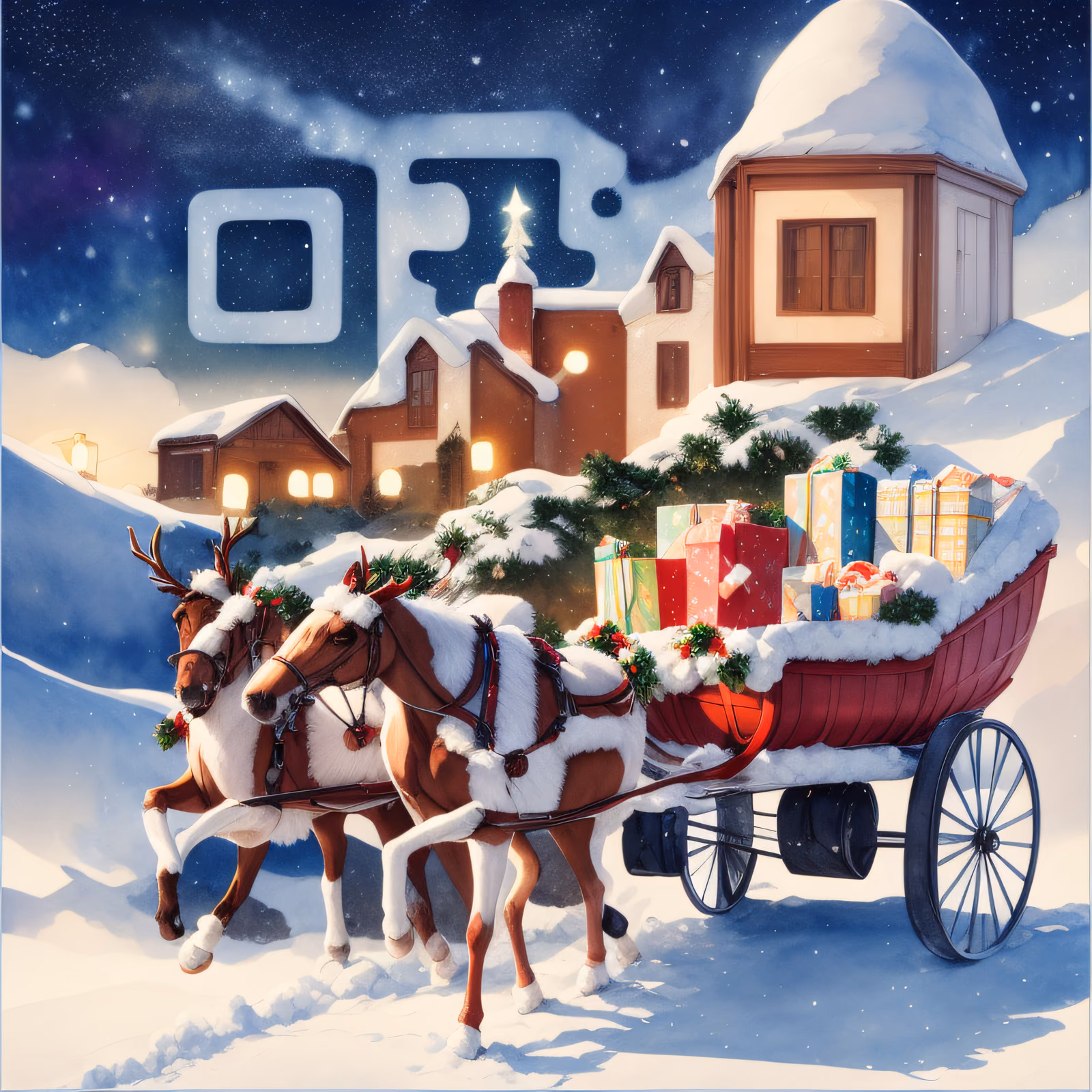 QR-код акварелью с санями Санты и подарками для открыток — изображение 1