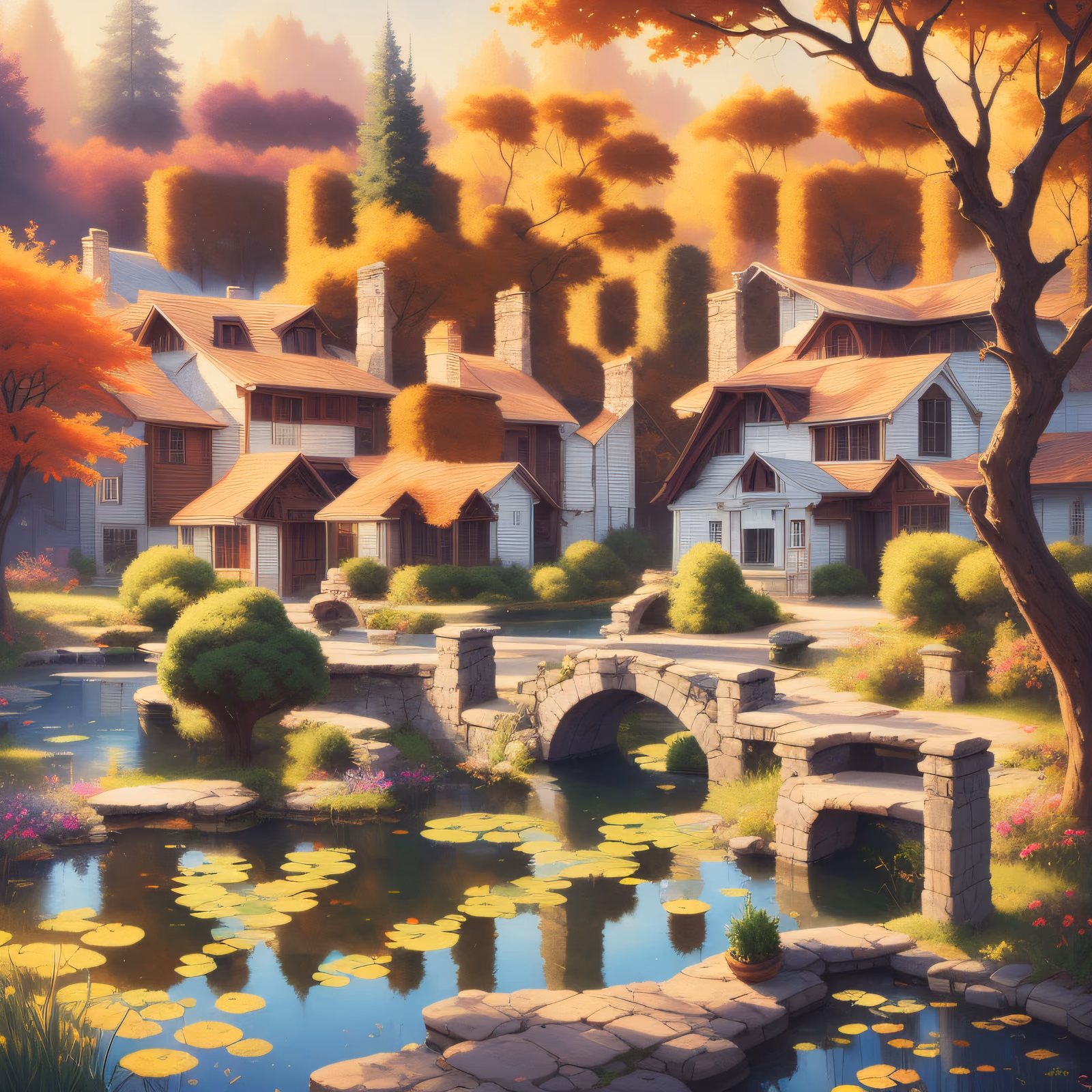 Autumn Pond Village Digital Painting QR Code Art — image 1