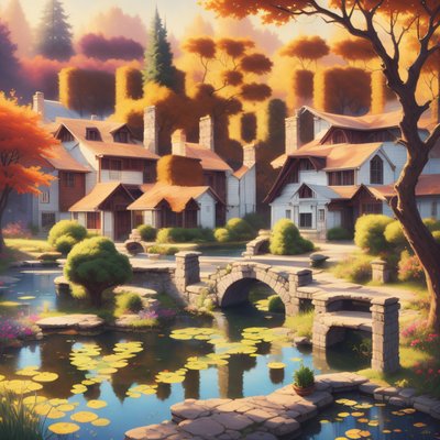 Autumn Pond Village Digital Painting QR Code Art