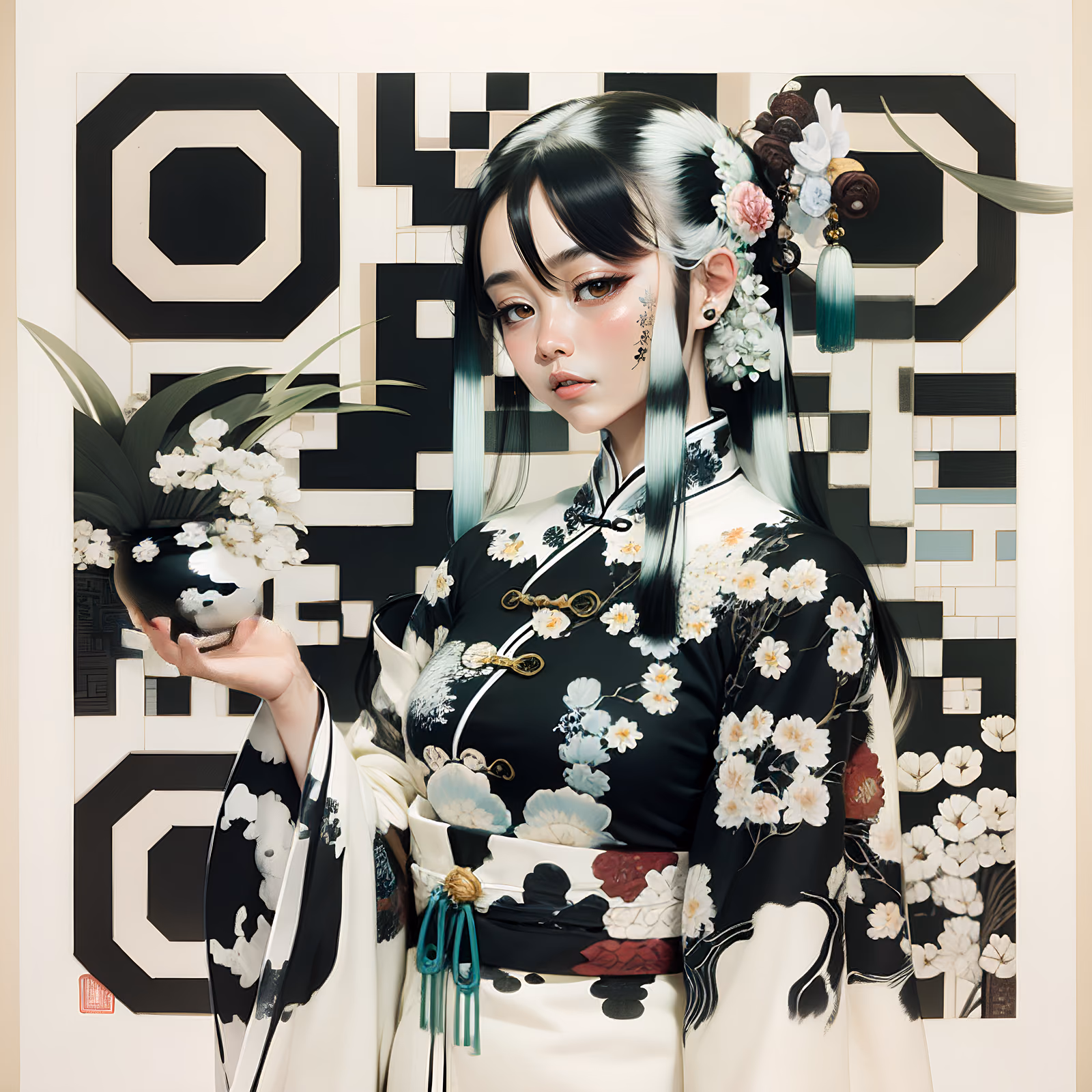 Floral Qipao Woman Ink Portrait QR Code Art — image 1