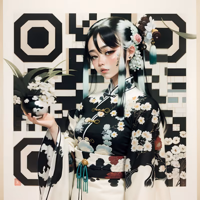 Floral Qipao Woman Ink Portrait QR Code Art — image 1