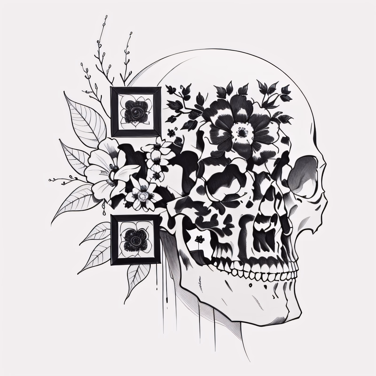 花卉骷髅墨线纹身叶片二维码设计,适用于临时纹身 — 图片 1