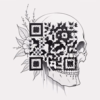 花卉骷髅墨线纹身叶片二维码设计,适用于临时纹身 — 图片 1