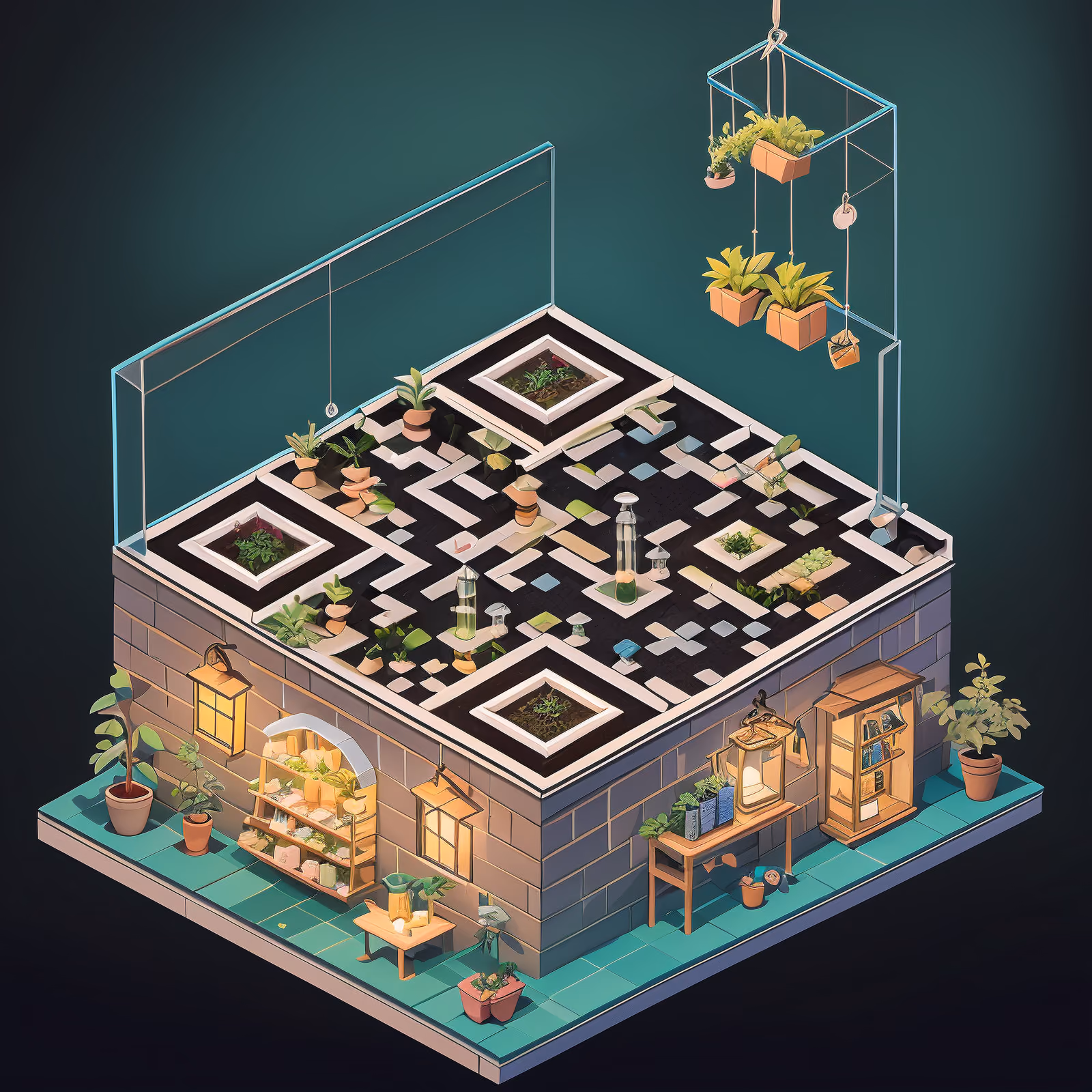 Isometric Apothecary Shop Diorama QR Code for Packaging — image 1