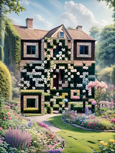 Flower Garden Cottage Digital Painting QR Code Art