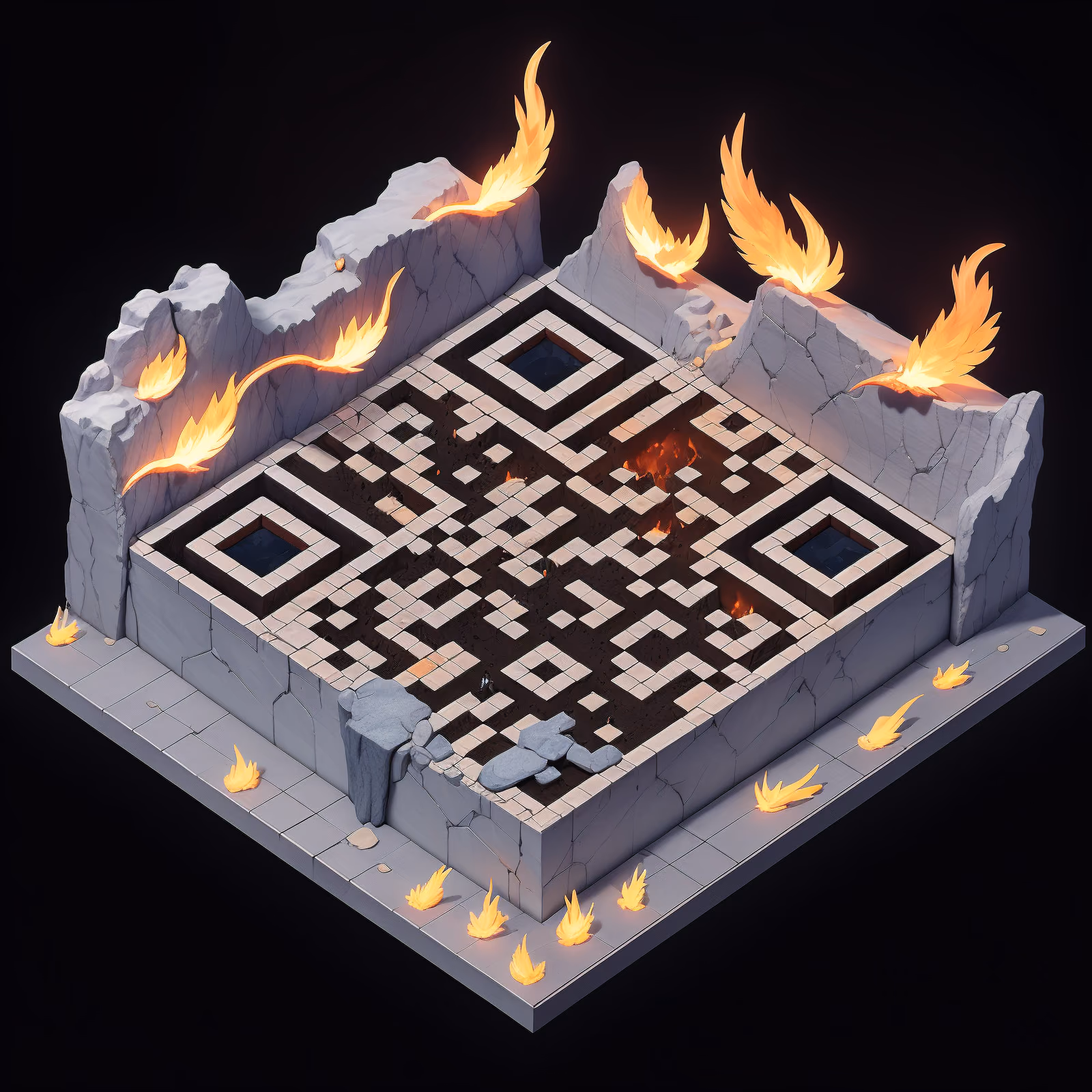 Изометрический диорама-утёс с огнём: QR-код для постеров — изображение 1