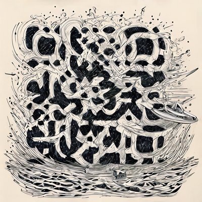 Stormy Sea Boat Ink Drawing QR Code Art