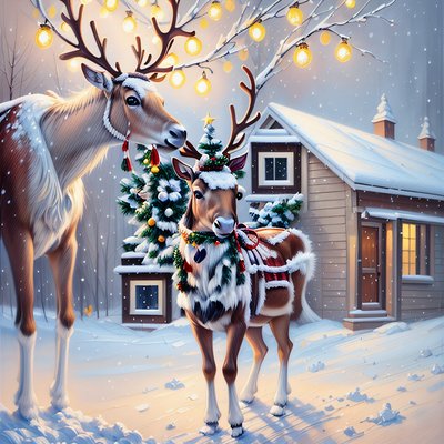 Christmas Reindeer Snowy Cabin QR Code for Greeting Cards