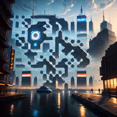 Cyberpunk Skyline Waterfront QR Code for Posters — image 1