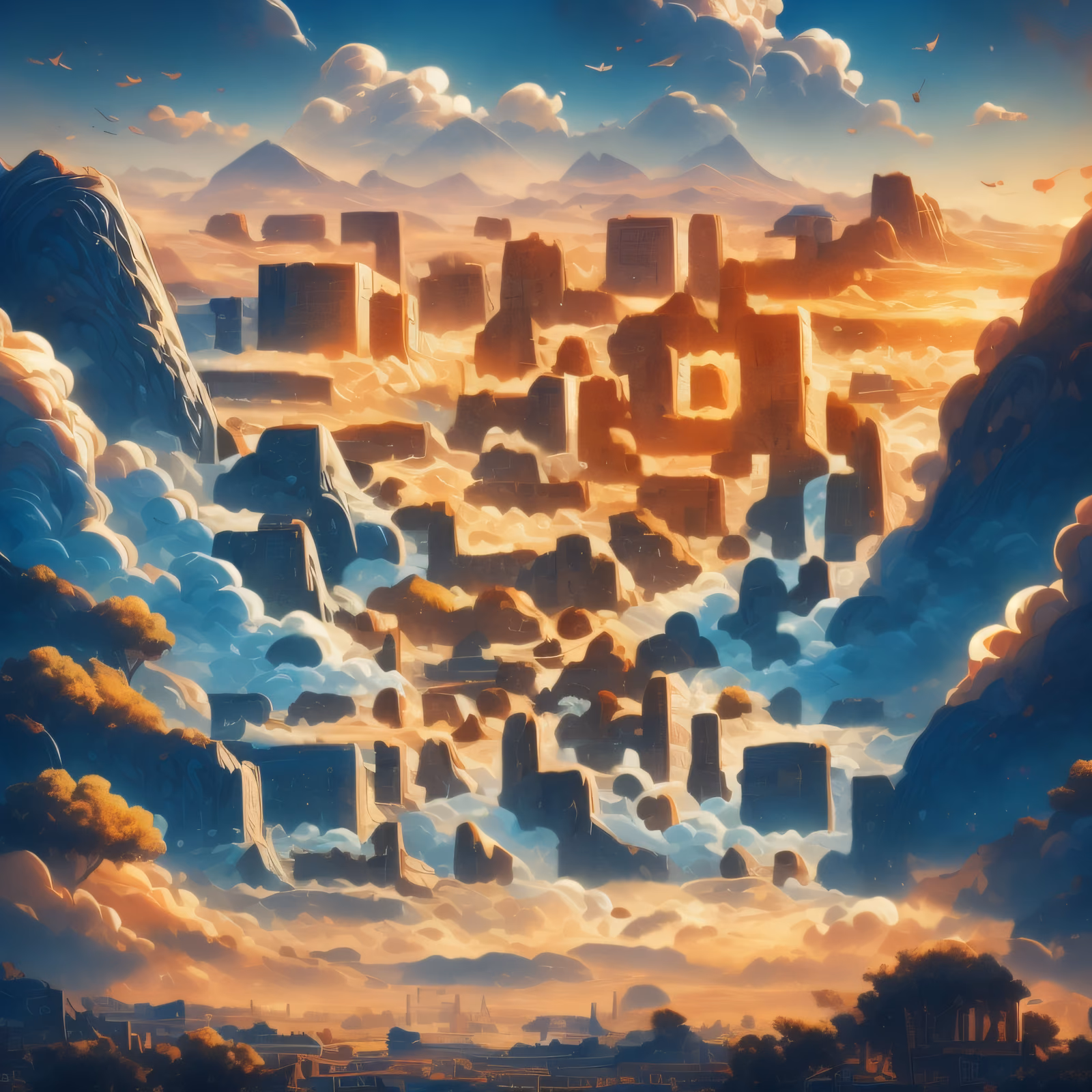 夕阳山间遗迹奇幻二维码艺术 — 图片 1