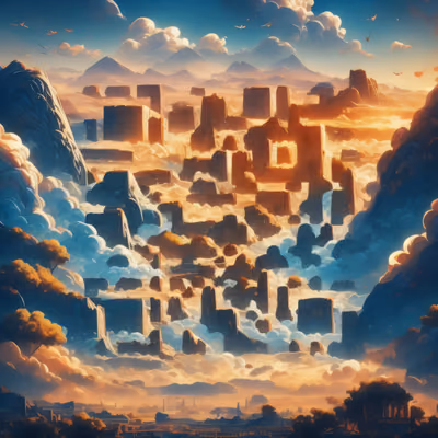 夕阳山间遗迹奇幻二维码艺术 — 图片 1