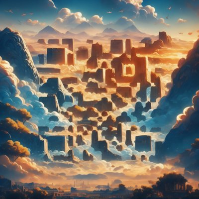 Фэнтезийные руины в горах на закате: QR-код