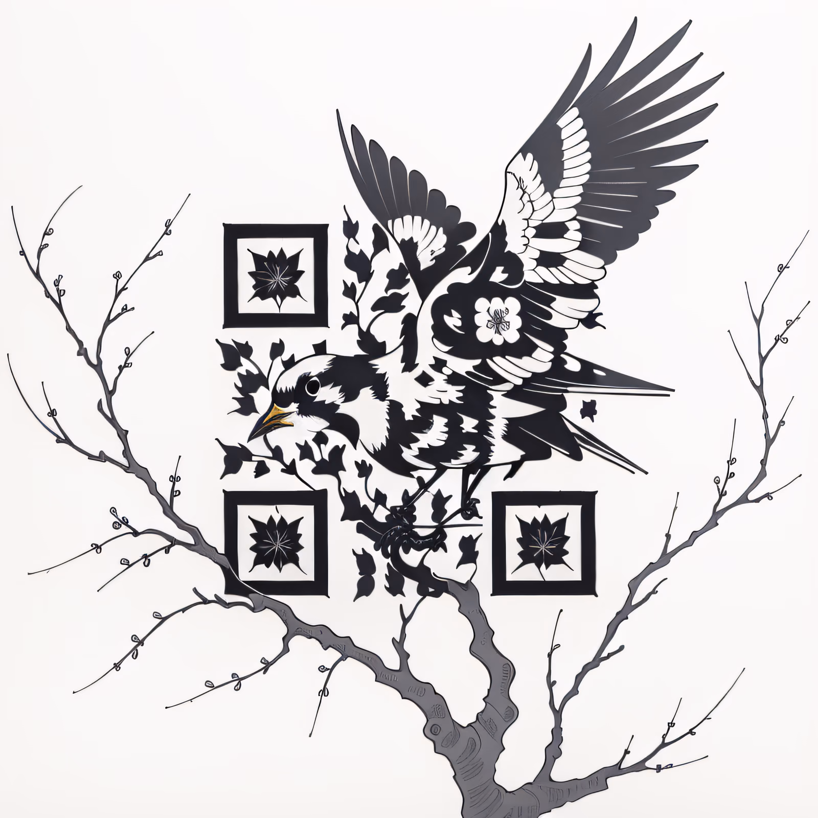Птица на ветке в стиле тату: QR-код для временных татуировок — изображение 1