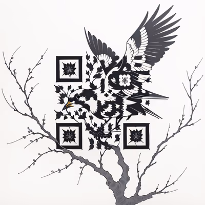 Птица на ветке в стиле тату: QR-код для временных татуировок — изображение 1