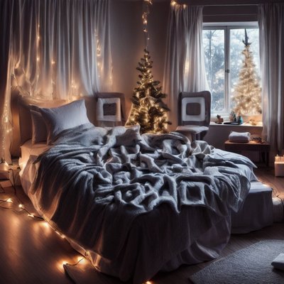 Cozy Christmas Bedroom Photorealistic QR Code for Greeting Cards