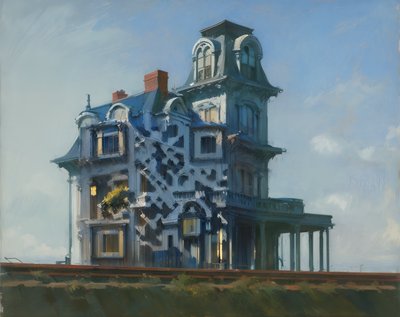 Викторианский дом у железной дороги, масляная живопись: QR-код