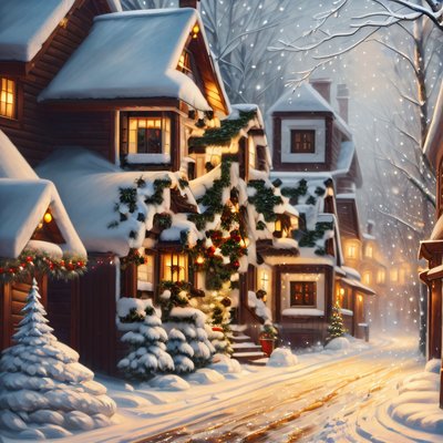 Snowy Christmas Village Street Painting QR Code for Greeting Cards