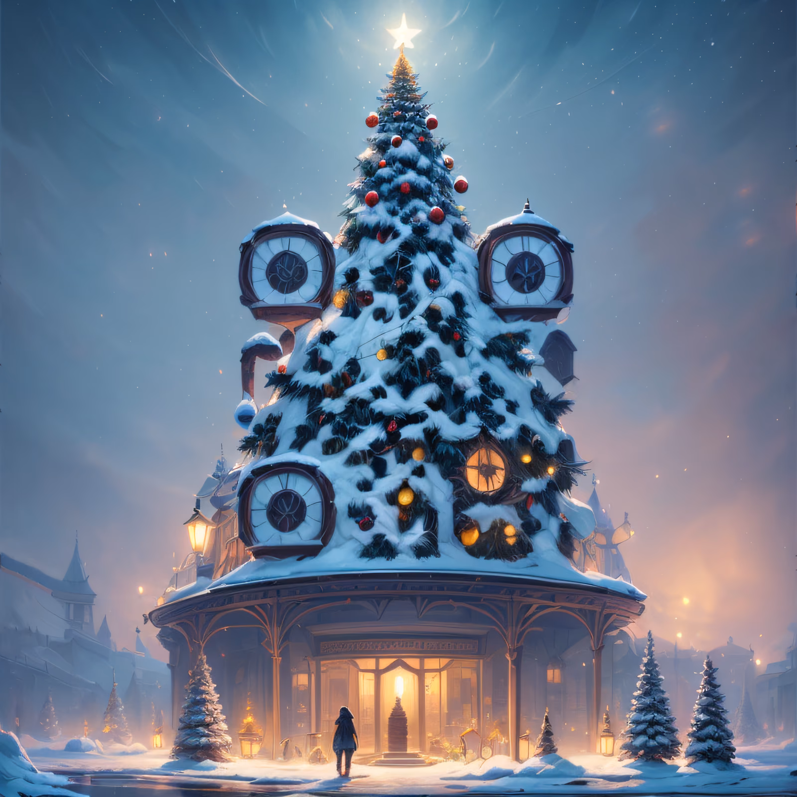 Snowy Christmas Tree Clock Pavilion QR Code for Greeting Cards — image 1