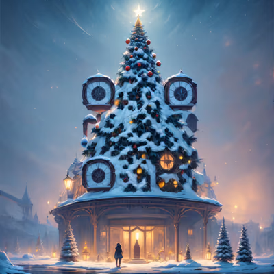 Snowy Christmas Tree Clock Pavilion QR Code for Greeting Cards — image 1
