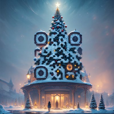 Snowy Christmas Tree Clock Pavilion QR Code for Greeting Cards