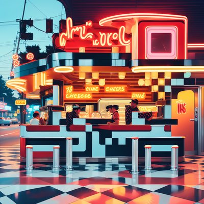 Ретро неоновая закусочная: векторный QR-код для меню ресторана