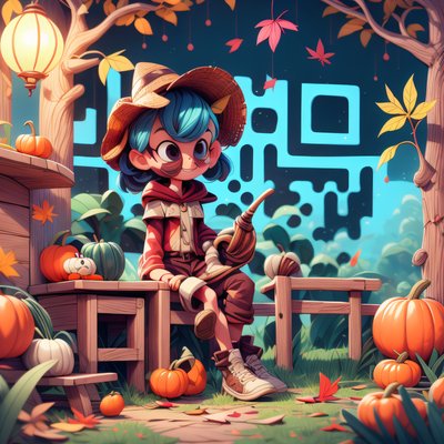 Cartoon Child With Pumpkins Autumn QR Code for Posters