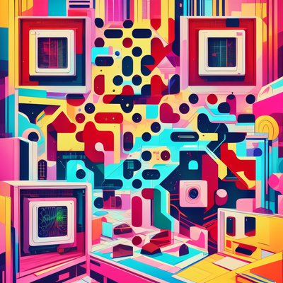 Геометричный неоновый город, абстрактный QR-код с ретро-мониторами