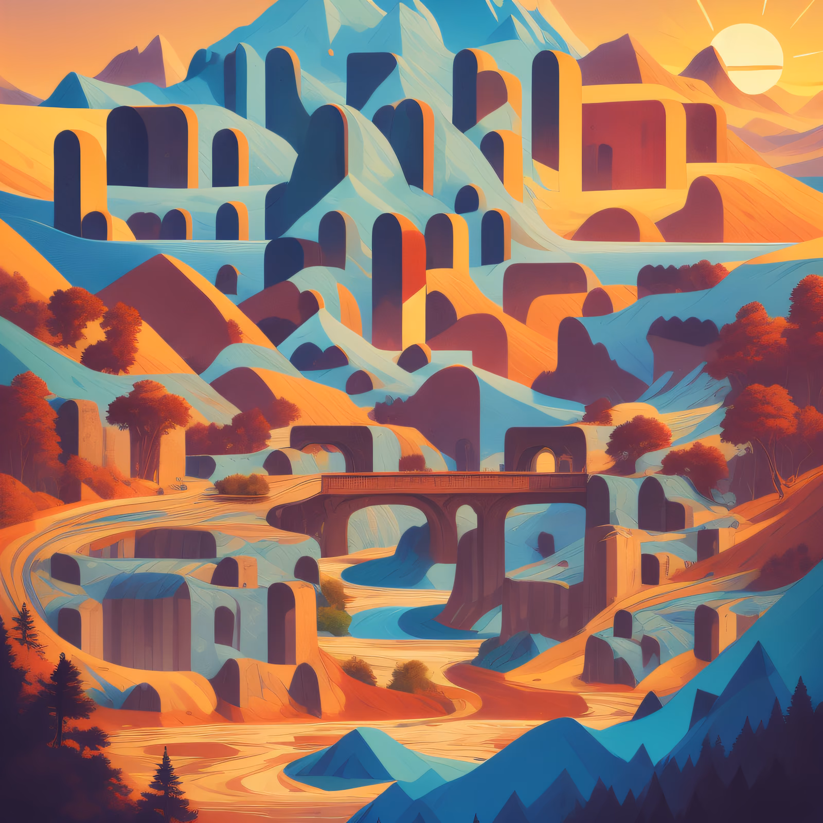 Sunset Mountain River Vector Poster QR Code for Posters — image 1