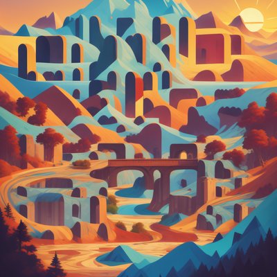 Sunset Mountain River Vector Poster QR Code for Posters