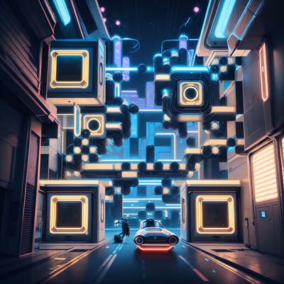 Неоновая ретрофутуристическая улица города: QR-код арт — изображение 1