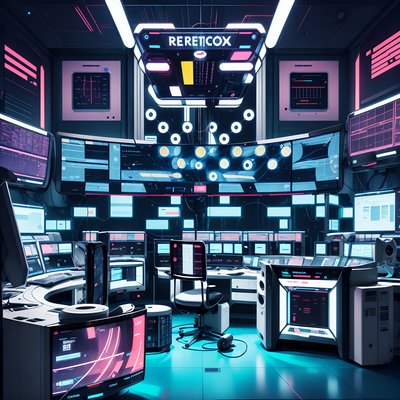 Retrofuturist Control Room Digital Art QR Code for Posters