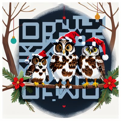 Santa Hat Owls Winter Holiday QR Code for Greeting Cards