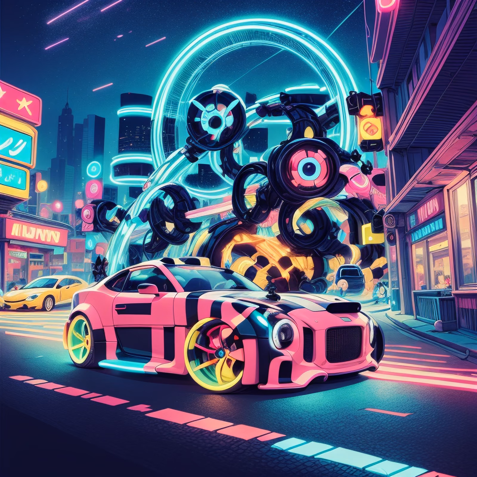 Neon City Sports Car Cartoon QR Code for Posters — image 1